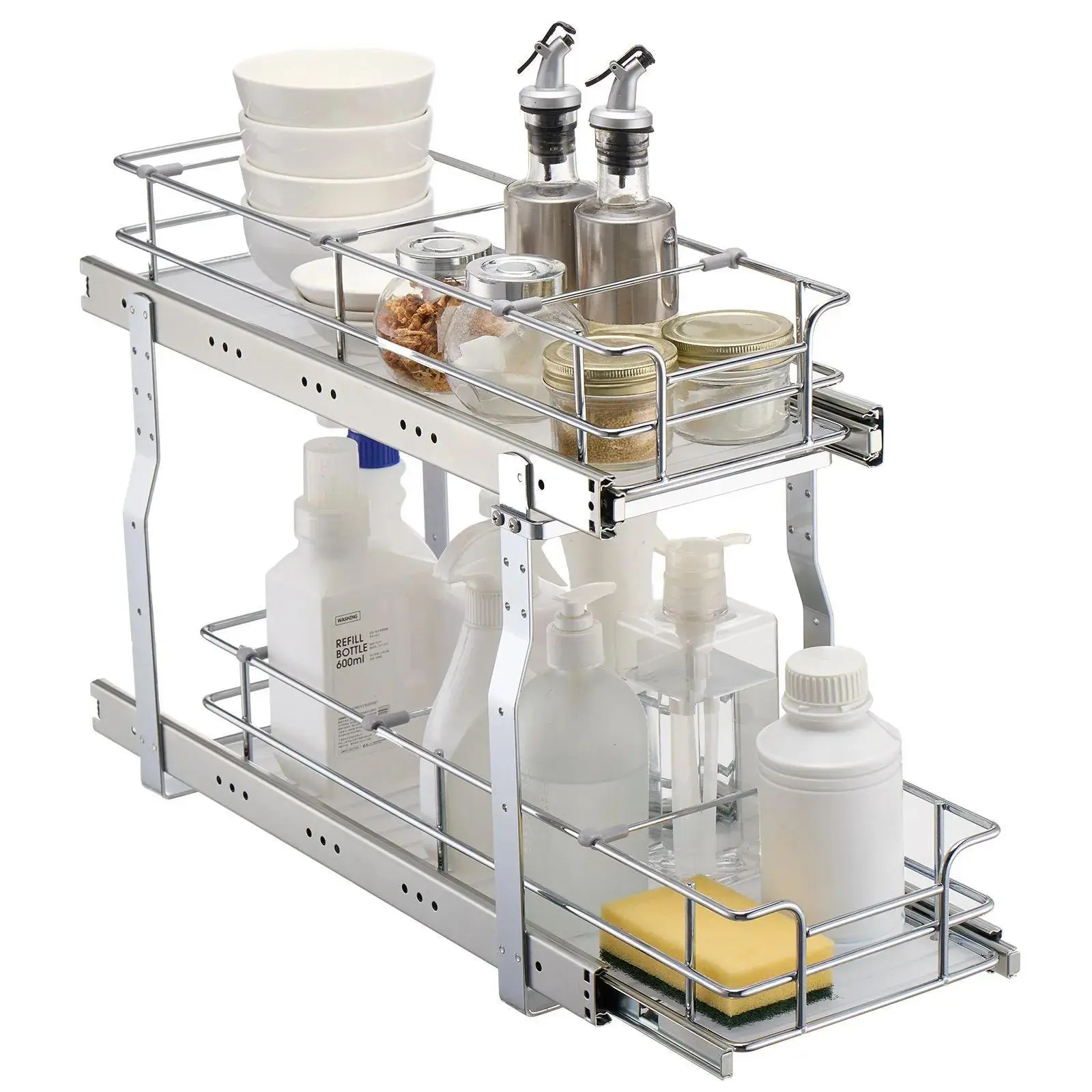 VEVOR Heavy Duty Pull-Out Cabinet Organizer, 8.5"Wx21"Dx15"H Chrome Shelf with Waterproof Adjustable Dividers, 60 lbs Capacity Steel Roll Out Drawers, 10"Wx22"Dx18"H Cabinet Install Size (Under Sink Storage), Bottom Pads, Pull-Out Shelf