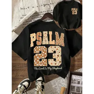 Women's Casual Round Neck Short Sleeve T-Shirt With Psalm 23 "The Lord Is My Shepherd" Bible Verse Graphic, Vintage Faith Design Suitable For Autumn/Winter Summer