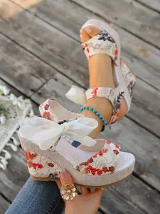 Women's Ethnic Style Wedge Heel Sandals Summer New Butterfly Knot Waterproof Rubber Platform High Heels, Fashionable Ladies Footwear