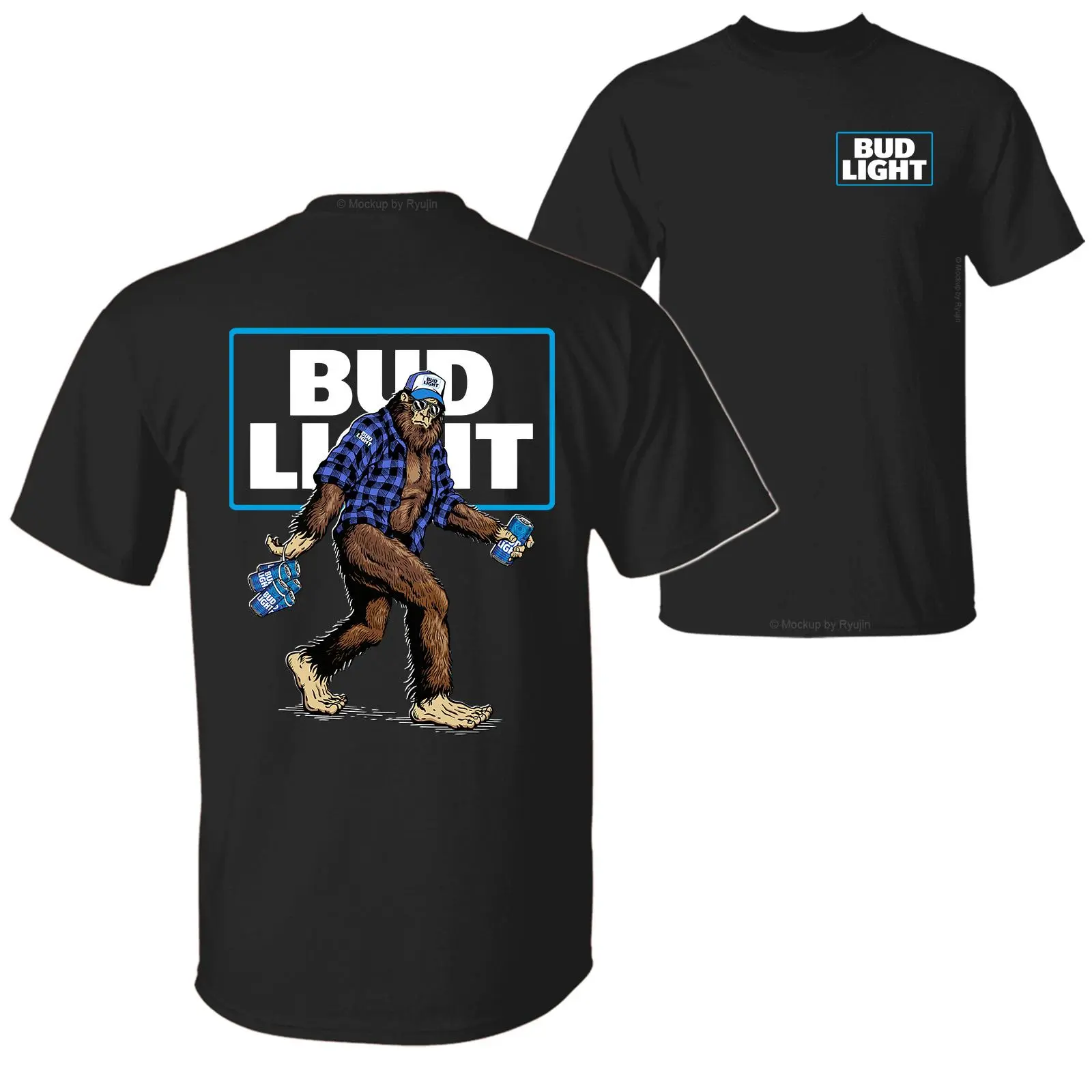 Bigfoot Bud Light T-Shirt, Sasquatch Holding Bud Beer Cans 2 Sided Graphic Printed Unisex Classic Comfort Cotton T-Shirt Top Womenswear