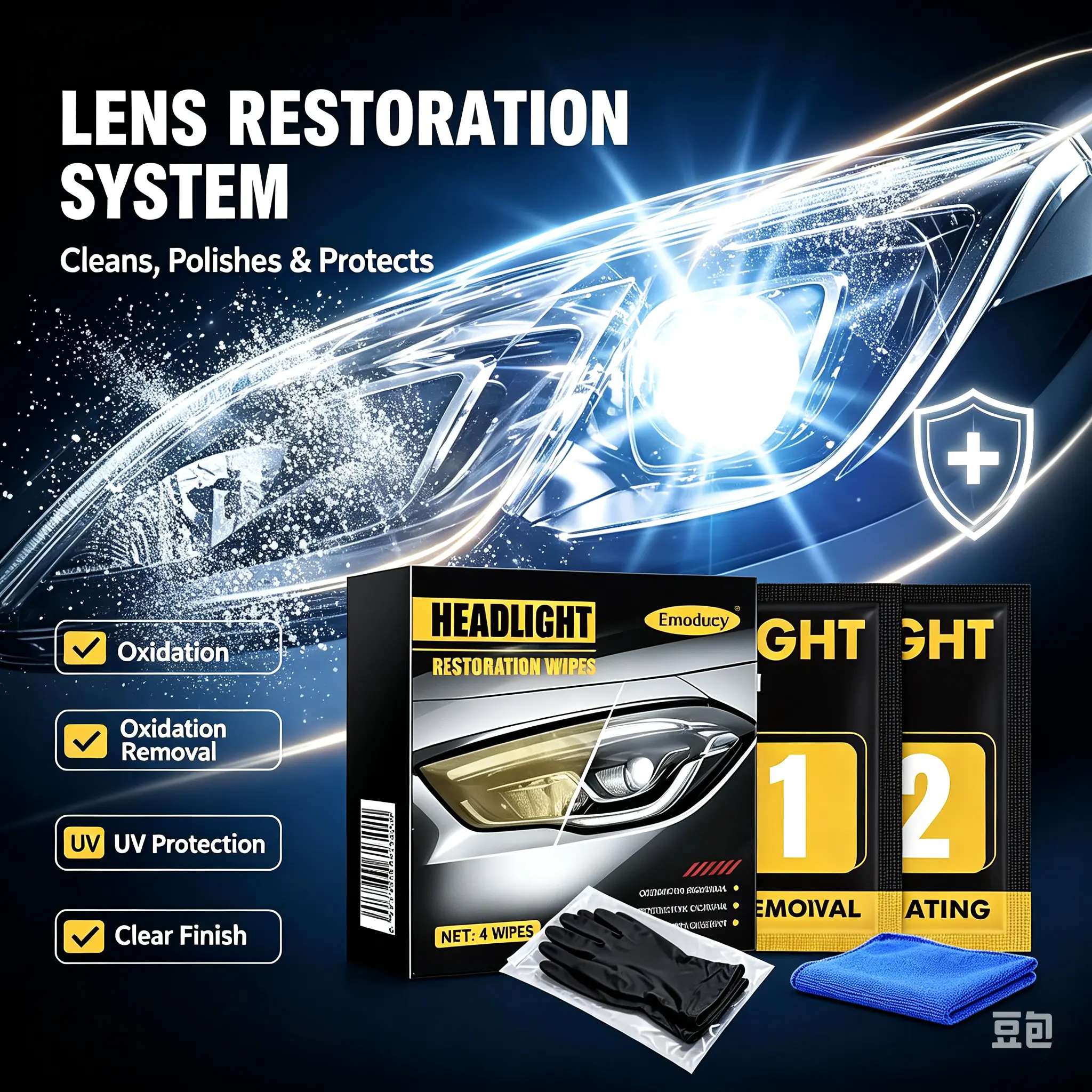 Emoducy Headlight Restoration Kit - All-in-1Portable Solution with Wipes to Fix Yellow,Foggy Headlights for Car Paint Care &Maintenance