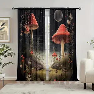 2pcs Mushroom Printed Curtain Rod Pocket WindowGTreatment For Bedroom, Office, Kitchen, Living Room, And Study HomeDecor