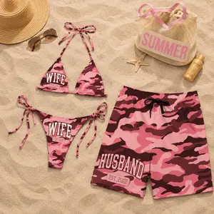 Pink Camo Wife Husband Matching Couples Swimwear Set with Hunting Pattern Graphics Adjustable Womens Tie Side Thong Bikini & Mens Beach Swim Shorts Hawaiian Style Summer Vacation Beachwear