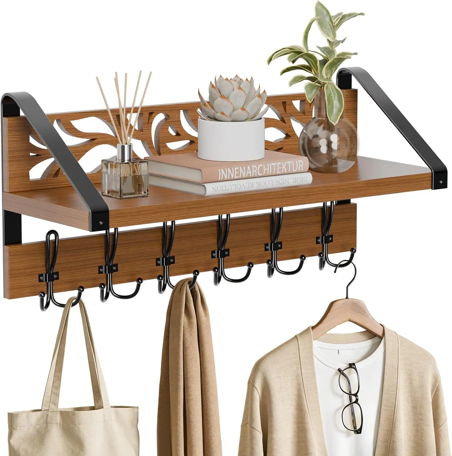 2 in 1 Coat Rack Wall Mount with Shelf and 6-Double Hook Wall Hooks with Shelf, Rustic Brown 15" Wood Organizer for Entryway, Living Room, Bedroom, Hallway