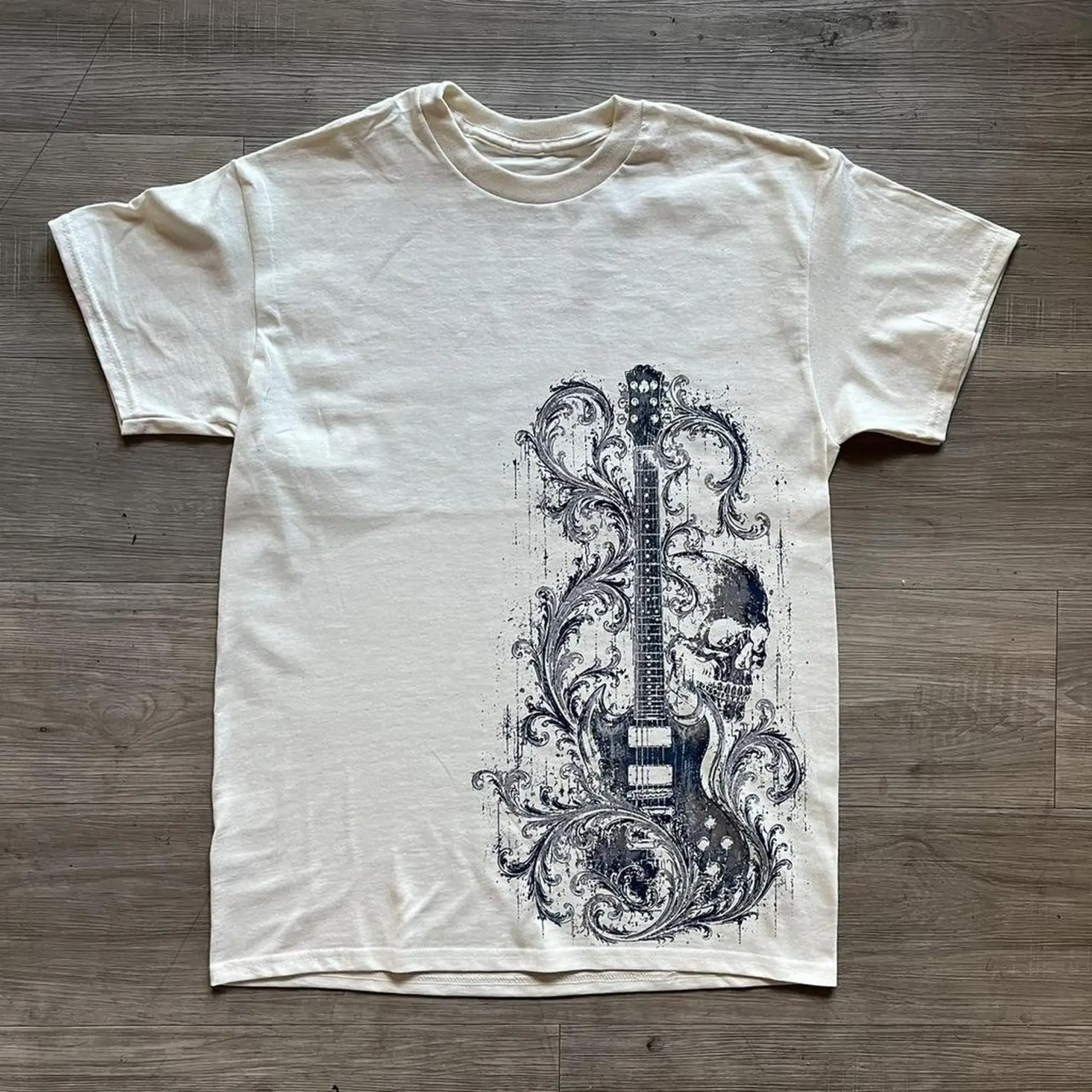 90S Affliction Style Floral Guitar Tee - Graphic T-Shirt 100% Cotton, Unisex Shirt Menswear Womenswear Streetwear Cotton Comfort