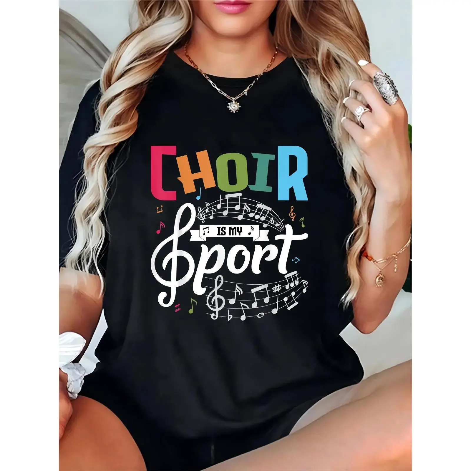 Women's "Choir Is My Sport" Graphic Print T-Shirt - 100% Cotton Crew Neck Short Sleeves Regular Fit Basic Tee with Durable Stitching, Breathable Casual Top for Music Festivals & Daily Wear