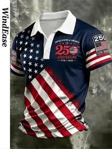 2026 New Men's Usa 250th Anniversary Flag Print Casual Polo Shirt, Loose-Fit Retro Style, Perfect for Work, Social, City Walks, Campus