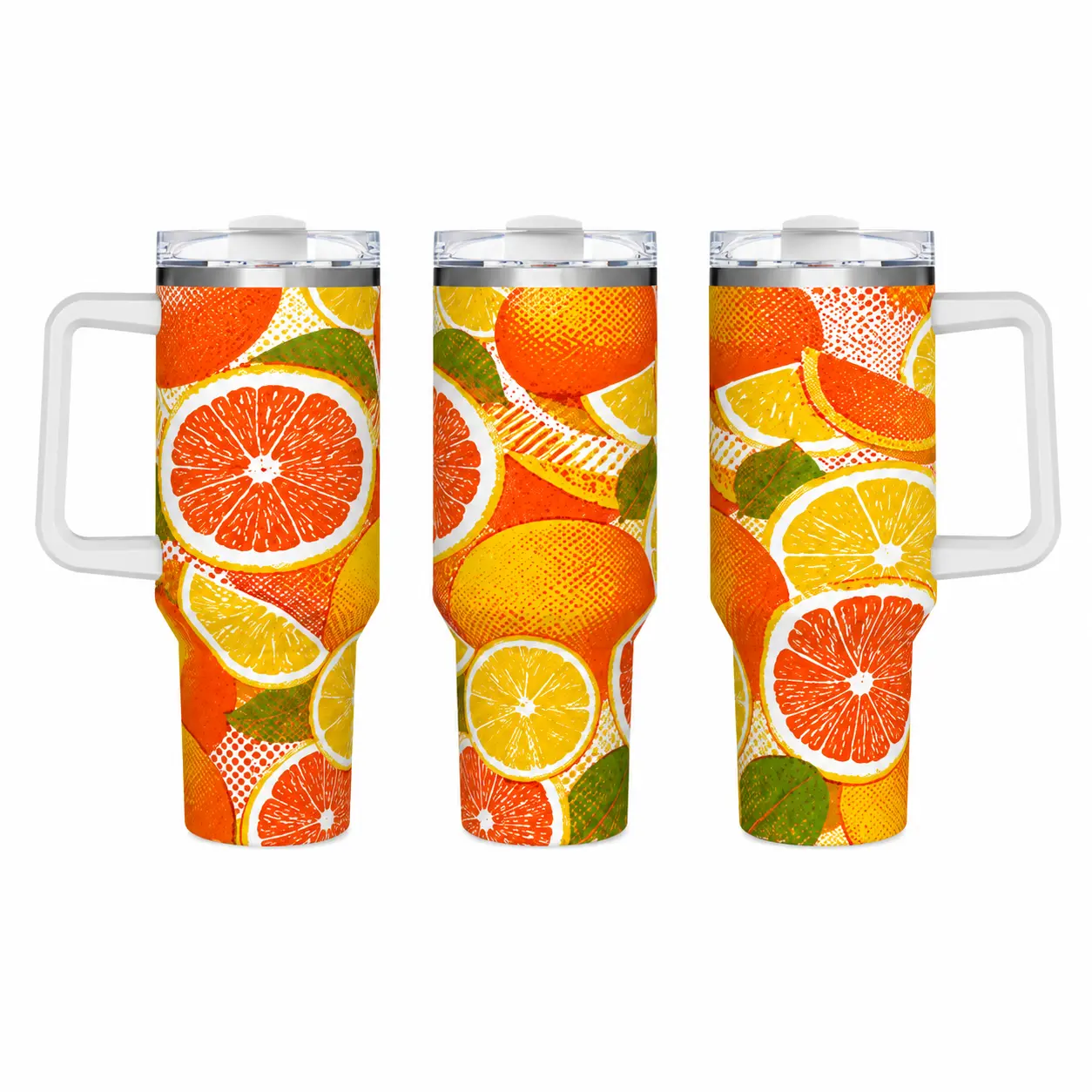 40oz Stylish Stainless Steel Insulated Tumbler - With Handle & Straw, Vibrant Full-Wrap Orange Grapefruit Citrus Slice Seamless Print, Double-Wall Leakproof Travel Cup For Summer Tropical Fruit Lovers, Daily Hydration