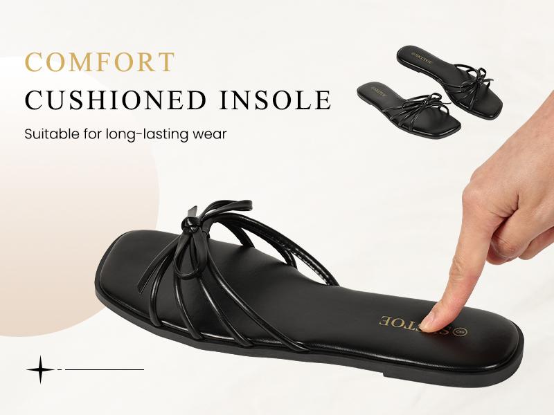 Women's Strappy Sandals Square Open Toe Bow Sandals for Women Dressy Summer Flat Sandals for Beach Vacation
