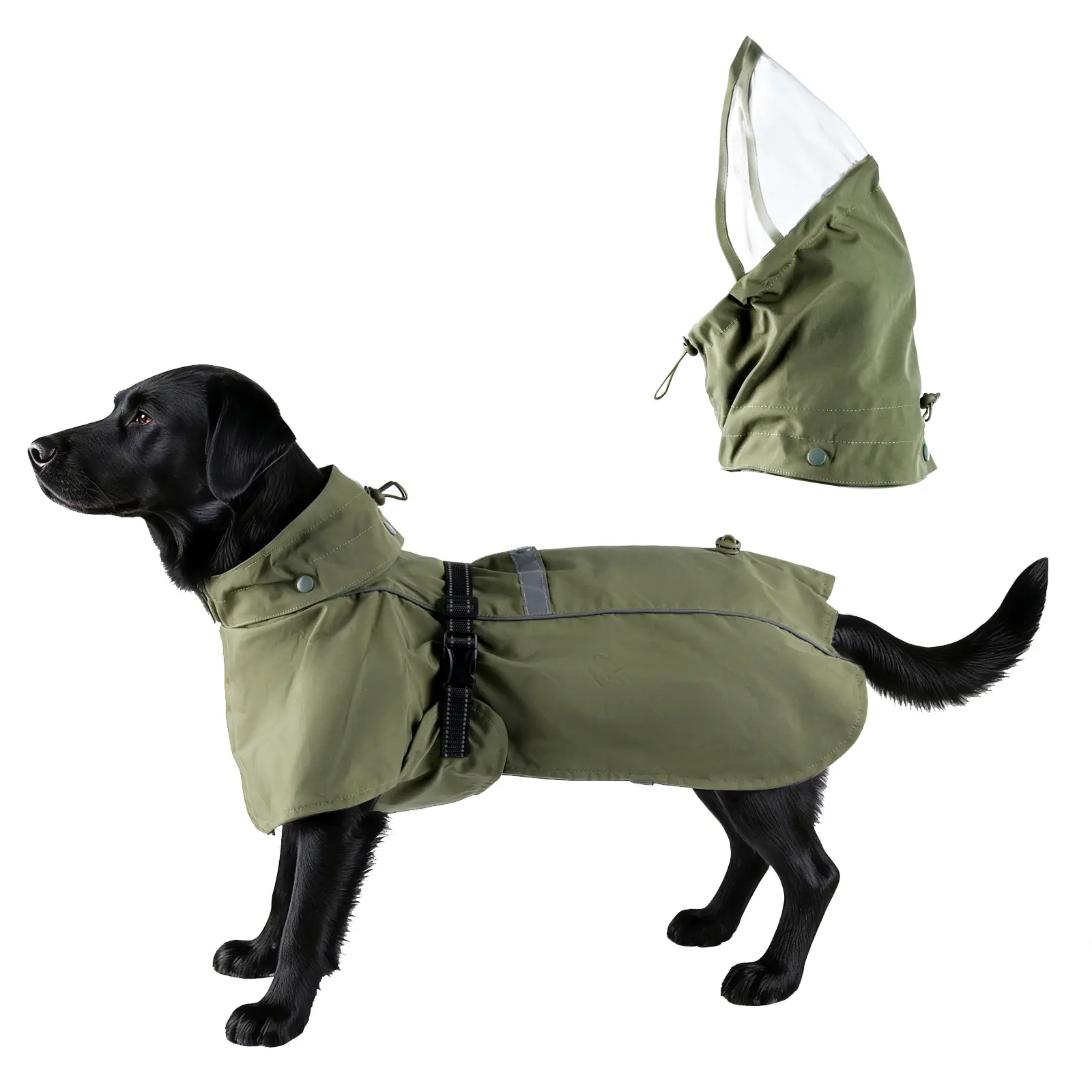RYNVALE Waterproof Dog Rain Coat for Large Dogs, Breathable Windproof Pet Poncho with Adjustable Strip, Leash Port, Removable Hood, Reflective Full-Body Coverage, Green