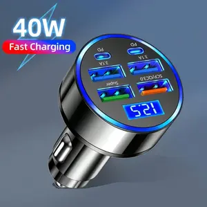 Multi-Port 2PD 4USB Car Charger Fast Charging PD QC3.0 USB C Car Phone Charger Type C Adapter Supports Fast Charging Of Multiple Devices At The Same Time 40W