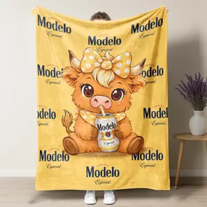 Cute Highland Cow Modelo Throw Blanket, Yellow Polka Dot Bow & Repeating Logo Print, Soft Flannel Blanket for Beer Lovers, Perfect Cozy Gift for Modelo Fans & Highland Cow Enthusiasts