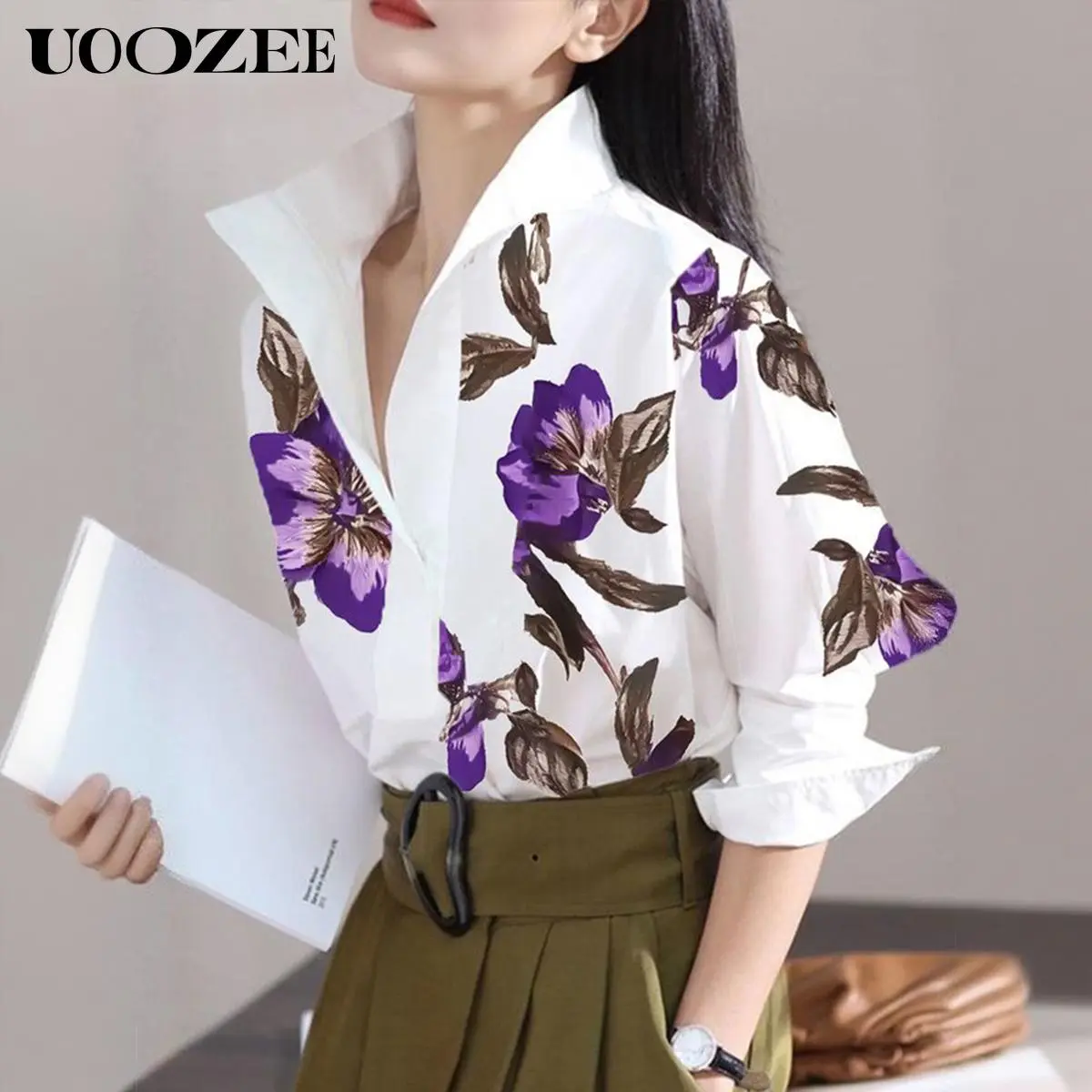 UOOZEE Women's Retro Floral Print Blouse, Elegant Loose Fit Longsleeve Collared Button-Down Casual Shirt, Lady, Fitted, Comfortable, Longsleeves, Shirts, Women's Clothes, Thanksgiving, Valentines Day, Going Out, Ootd Ideas