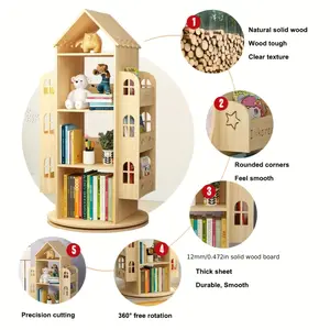 4-Tier Rotating House Shape Bookshelf, 360° Solid Wood Rotating Stackable Bookshelf Storage Rack, Suitable for Home, Bedroom, Office