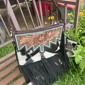 Leather and Cowhide Blue Aztec Purse with Fringes and Unique Design Features
