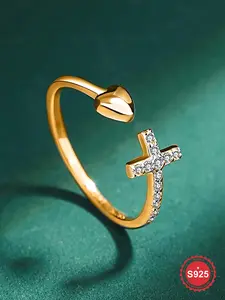 S925 Sterling Silver Cross & Heart Design Cuff Ring, Adjustable Christian Religious Ring, Inspirational Jewelry Gifts for Ladies, Fashion To Enhance Your Faith Purity Ring, Elegant Ring