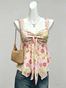 Summer Beach Vacation Ditsy Floral Mesh Halter Top, Cute Asymmetrical Hem Sleeveless Women's Transparent Shirt, Small Fresh Style