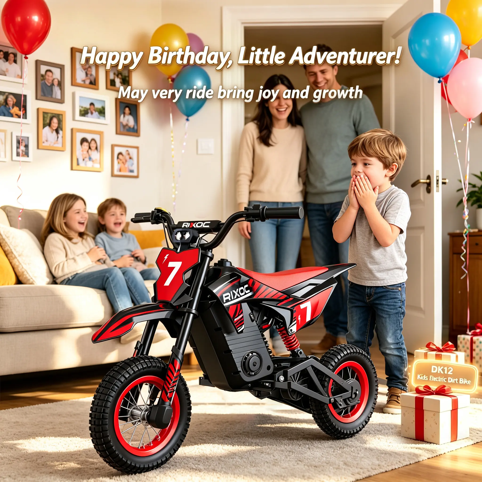RIXOC brand DK-12 Kids Electric Dirt Bike, 700W Peak Motor, 15.5 MPH Fast Speed, 36V Battery, 12" All-Terrain Air Tires, 3 Riding Modes, Fun Outdoor Ride-On Bike & Best Gift for Kids Ages 3-10