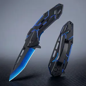 [Father's Day Top Gift] Men's Black-Blue Geometric Hollow Tactical Folding Pocket Knife, Quick-Open Stainless Steel Sharp Blade, Belt Clip, Lightweight EDC Utility Tool for Camping, Hiking