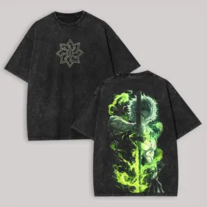 American Vintage Demon Slayer Oversized T-Shirt, Washed Black Kokushibo Graphic Tee, Trendy Anime Streetwear For Men & Women, Retro Manga Samurai Top