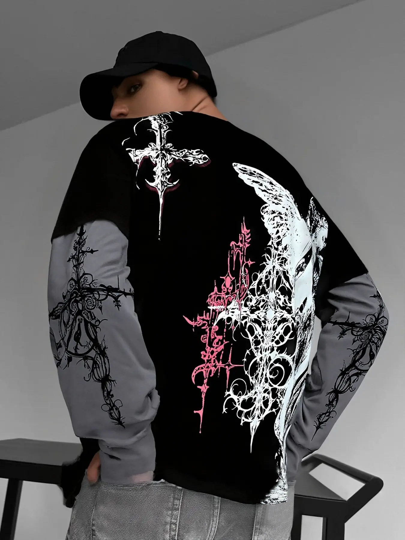 Men's Spring Autumn Round Neck New Sweatshirt, No Cap American Patchwork Fake Two-Piece Long Sleeve Top, Casual Print Design