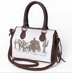 Western Satchel Tote- Hair-On Leather Bag with Stagecoach Print, Braided Strap & Top Handles Speedy by American Darling