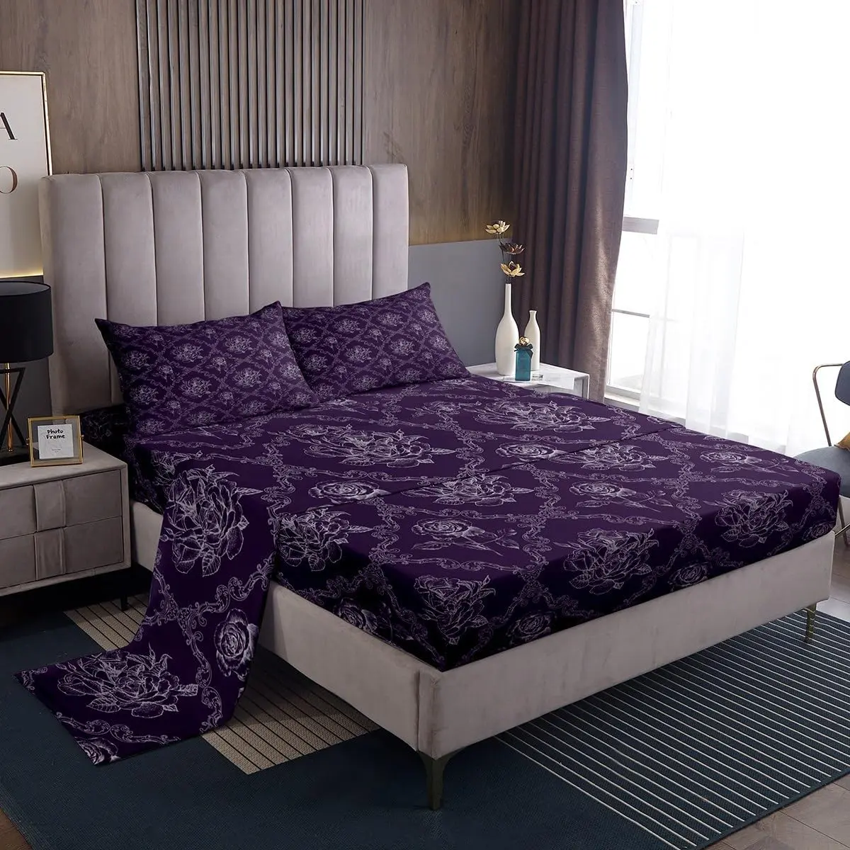 Feelyou Microfiber Bed Sheets Set - Adults' Gothic Vintage Rose Soft Bedding, Deep Pocket Fitted Sheet, Purple White Damask Luxury Floral Bedding Set, Soft Bedding Sheet