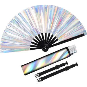 Large Folding Holographic  Hand Fan with Rave Fan Holster for EDM Club Party Dance