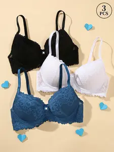 3PCS Floral Lace Underwire Push-Up Bra Set - Lace Bras, Underwear, Lingerie, Anti-Sag, Adjustable Straps, Bow & Rhinestone Embellished, Comfort Breathable, Elegant | Valentine's Day, Bridal, Everyday Wear