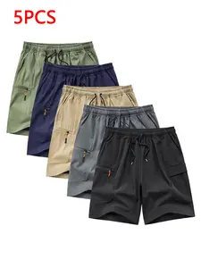 Men's Casual Gym Shorts 5 Pack, Quick-Dry Breathable Fabric, Comfortable Polyester Blend, Mild Elasticity, Plain Design, Pocketed, Side Pocket Shorts, Regular Fit, Breathable Fitness Shorts