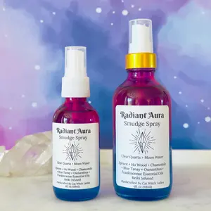 Smudge Spray made with Moon Water & Quartz - includes *Free* Spell Ritual Card – 4oz or 2oz Glass, 4 Scents to choose from - Fine Mister, Smokeless Smudging, Aromatherapy, Energy Cleansing Spray
