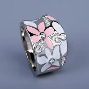 Beautiful flower microinlaid zircon ring Korean version Korean flower small fresh ring wide index finger ring