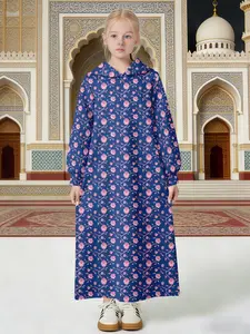 Girls Hooded Abaya Dress with Pink Rose Floral Print, Muslim Kids Long Sleeve Maxi Dress (Navy Blue)