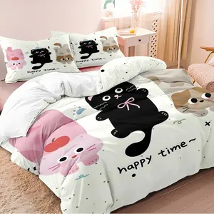 3-piece duvet cover set, three cartoon cat patterns, 3D digital printed bedding, suitable for bedroom and guest room home decoration (1 duvet cover 2*pillowcases, duvet not included) machine washable, zipper