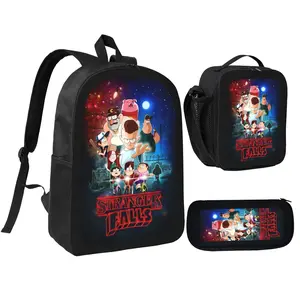Stranger Falls Theme Backpack Three-Piece Set - Student Backpack Pencil Case and Lunch Bag Bundle for School and Travel