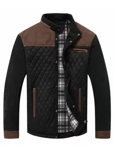 Retro Vintage Plaid Lined Diamond Quilted Men's Jacket, Large-Pocket Stand-Collar Warm Windproof Coat, Versatile Casual Style Outerwear for Men's Commute, Outing & Casual Wear