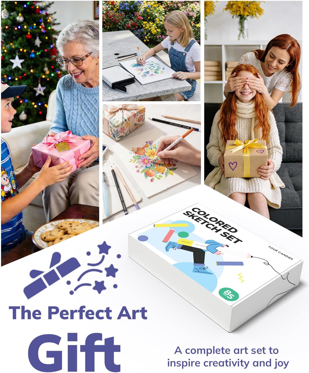 Four Candies 85 Pack Drawing Pencils Set, Sketching Art Set with Colored Pencils, Graphite Pencils in Portable Zipper Case, Supplies for Adults Teens Artists, Sketchbook & Coloring Book