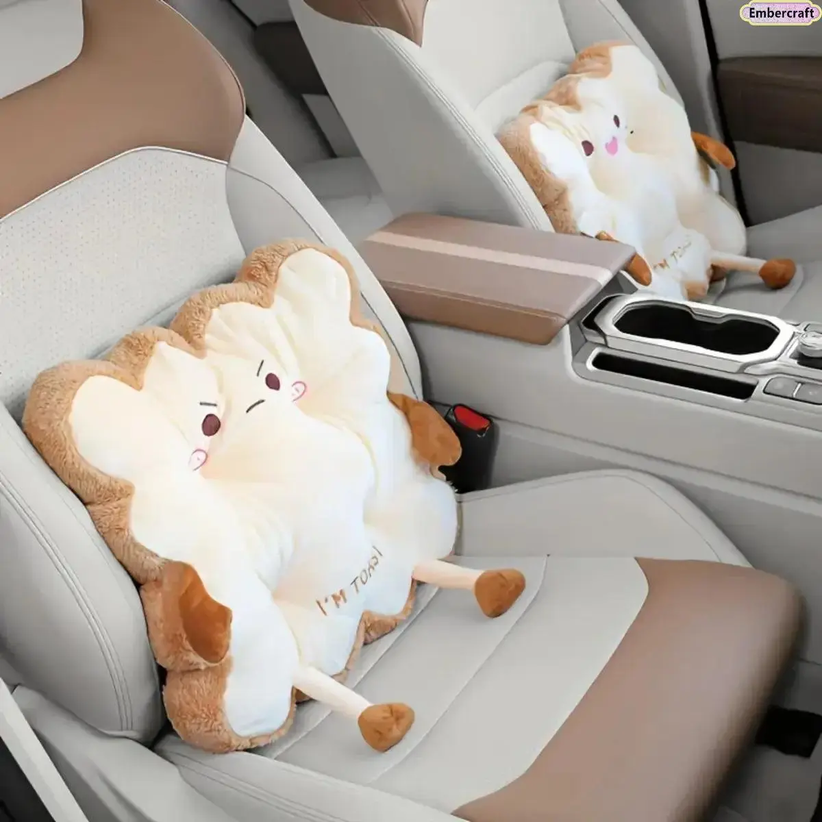 Cute Cartoon Toast Car Seat Cushion, Soft Plush Anti Fatigue Back Pillow, Washable Comfortable Seat Pad for Car Interior, Office Chair & Aesthetic Girly Room Decor, Cars, Accessories For Car