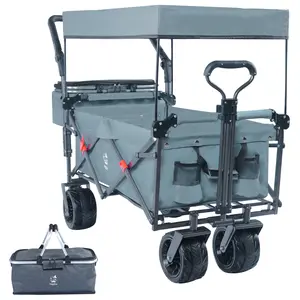 Collapsible Wagon Cart with Removable Canopy and All Terrain Wheels, Heavy Duty Portable Utility Cart with Brake Adjustable Handles Cooler Bag Grey