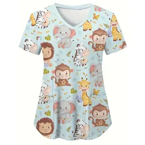Women's V-Neck Scrub Top with Animal Print - Casual Polyester Nurse Uniform, Short Sleeve, Machine Washable