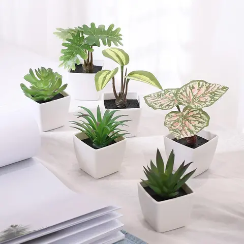 Artificial Potted Plant (6pcs/set), Faux Plant Decoration, Realistic Potted Plant, Desktop Ornament for Home Office Decor, Artificial Faux Plants
