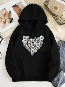 Women's Heart Daisy Print Drawstring Drop Shoulder Hoodie, Fashion Casual Pocket Hooded Sweatshirt for Daily  Outdoor Wear, Women Clothing for Fall & Winter