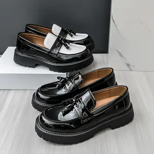 Men's Black Soft Patent Leather Platform Chunky Heel Loafers Fashion Tassel Business Casual Formal Work Shoes Non-Lug Sole Slipon Penny Loafers Stylish Flatform loafers men Footwear