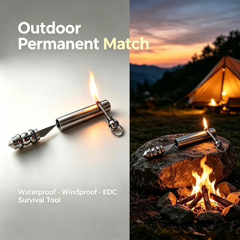 Permanent Match Keychain, Compact Metal Flint Fire Starter, Waterproof and Windproof Lighter for Backpacking & Camping, Refillable EDC Survival Tool for Wilderness Survival - No Fuel Included, Car Emergency, Eco-Friendly Alternative, Hiking