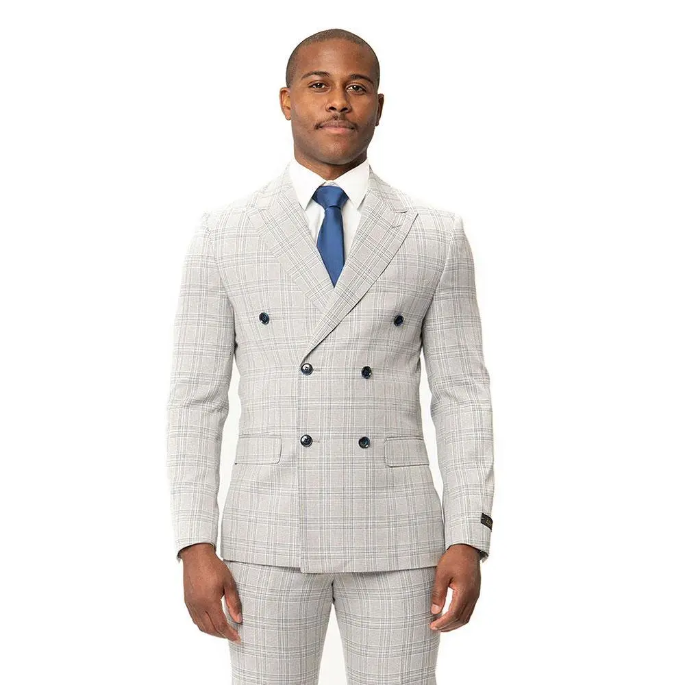 Slim Fit Mens Double Breasted Plaid Chalk Grey Dinner Blazer 2 Button Peak Lapel 2311