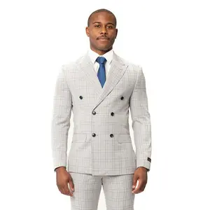 Slim Fit Mens Double Breasted Plaid Chalk Grey Dinner Blazer 2 Button Peak Lapel 2311