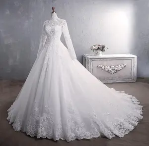 Lace Wedding Dress Stand-up Collar Long-sleeved Large Tail