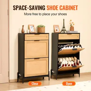 Rattan Slim Black Stackable Free-Standing Shoe Rack Cabinet Organizer - Stable Metal Legs, 2 Flip Drawers, 1 Slide Drawer, Ideal for Entryway, Closet