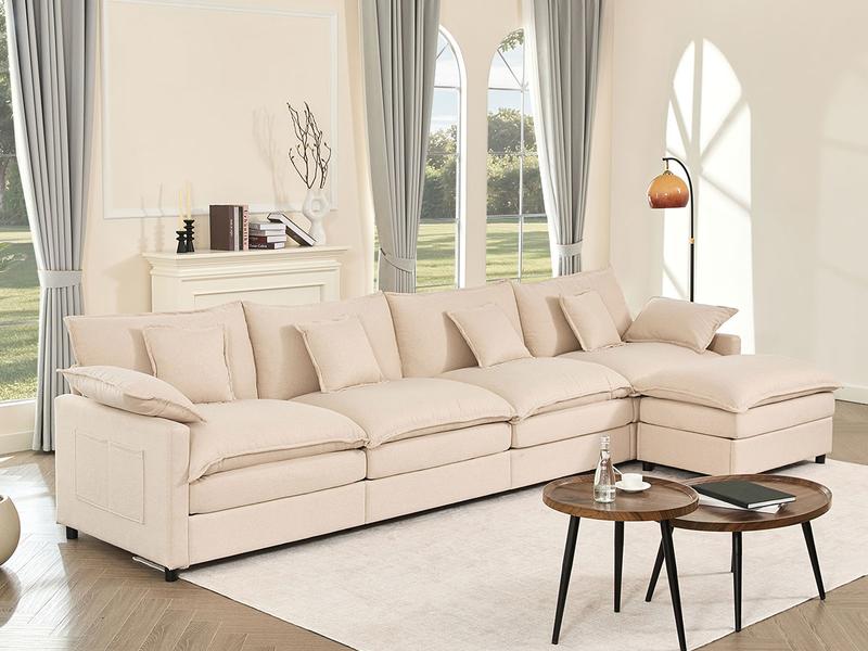 【2 Packages Shipping】GOSUHI 108" U-Shaped Modular Sectional Sofa - Comfy Cloud 3-Seater with 2 Movable Ottoman, TikTokShopBlackFriday,Deep Seat Linen Couch for Living Room, Beige Color ,Comfort & Stylish Design