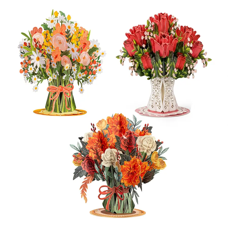 3 Pcs Paper Pop Up Cards, Mini Blooming Roses, Mini Sized Forever Flower Bouquet Fathers Day Gift 3D Popup Greeting Cards, Valentine's Day, Anniversary Card, Blank Notecard & Envelope